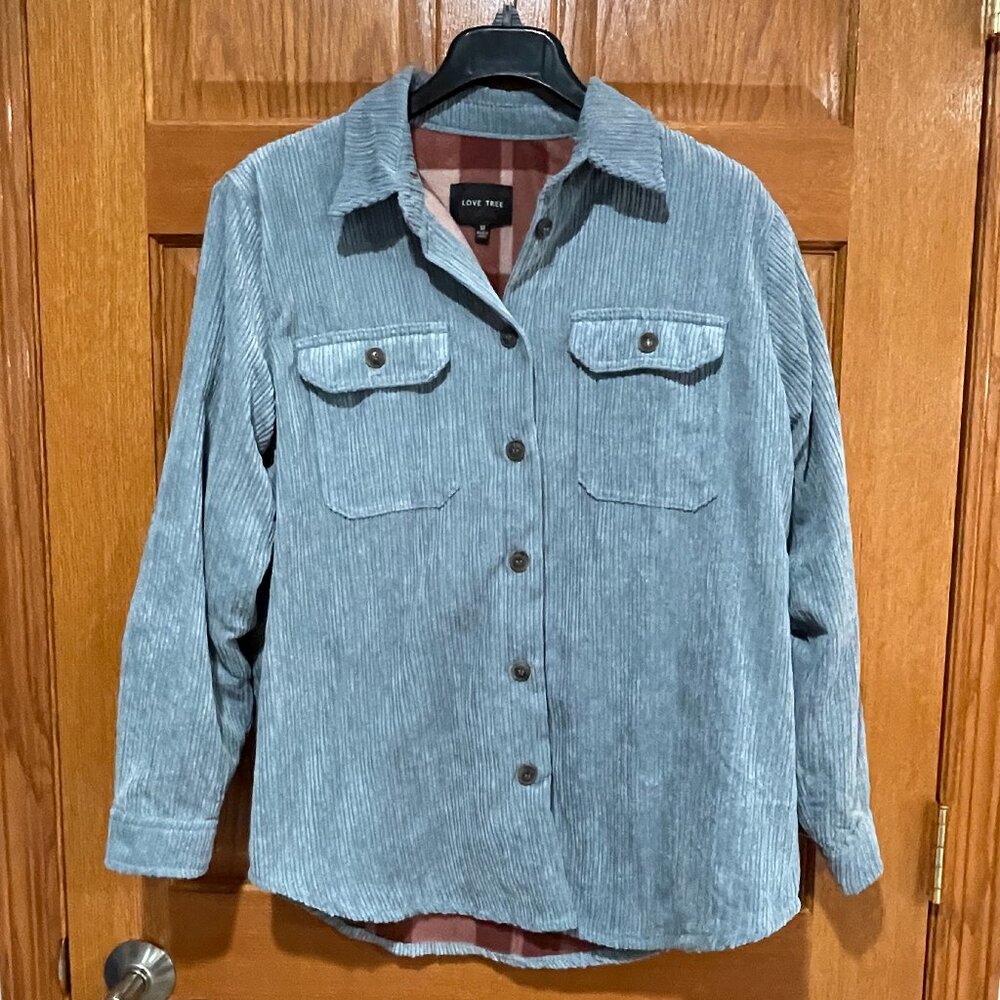 LOVE TREE Women's M Blue Corduroy Button-Up Plaid Fleece Shirt Jacket Shacket